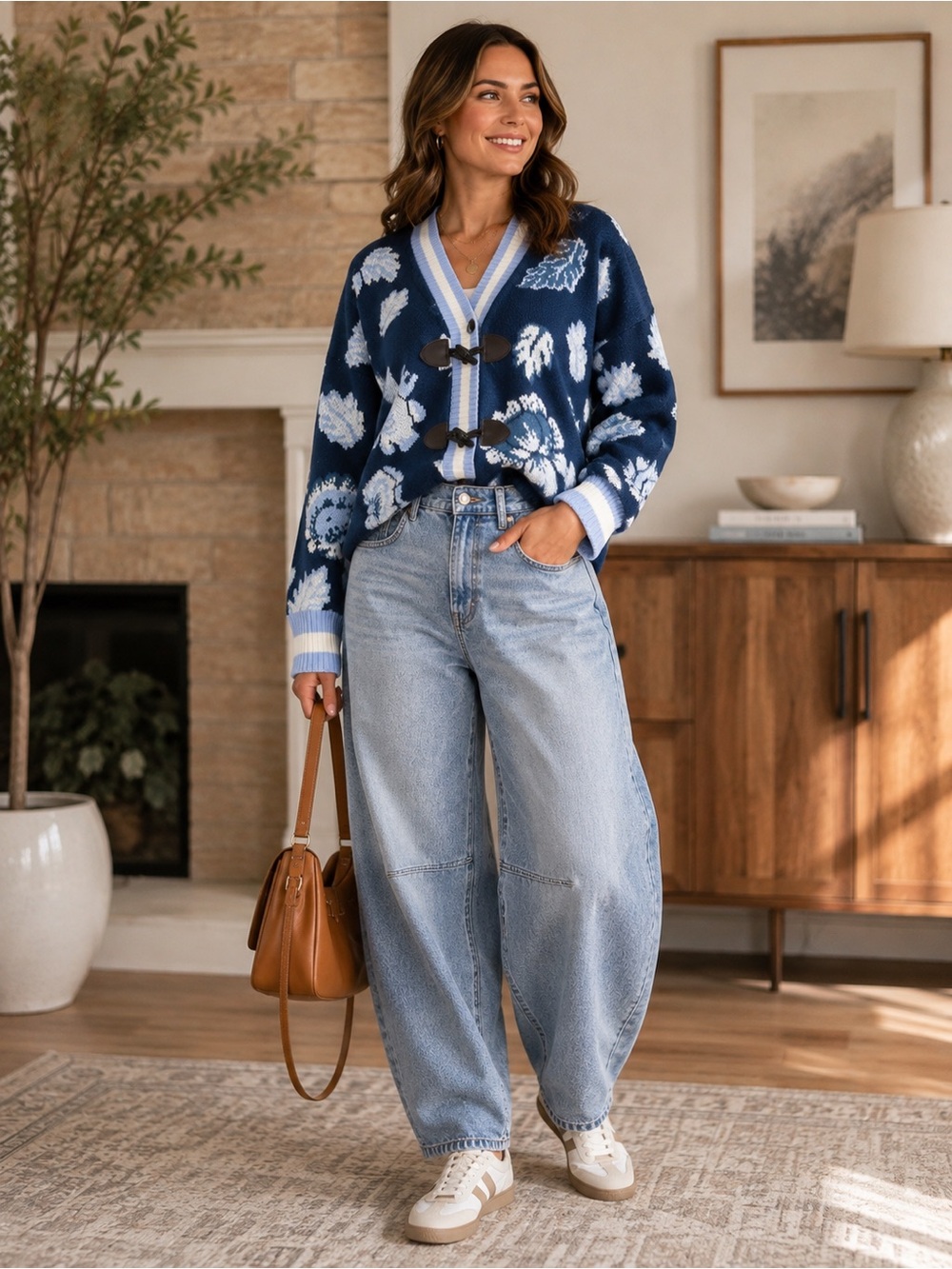 DRIFTWOOD Navy Blue Floral Toggle Cardigan Sweater coastal Nantucket old money
